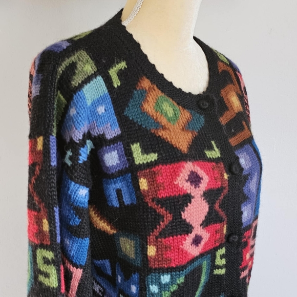 Baby Alpaca Cusco Peru multicolor  print alpaca handmade cardigan - Picture 2 of 5